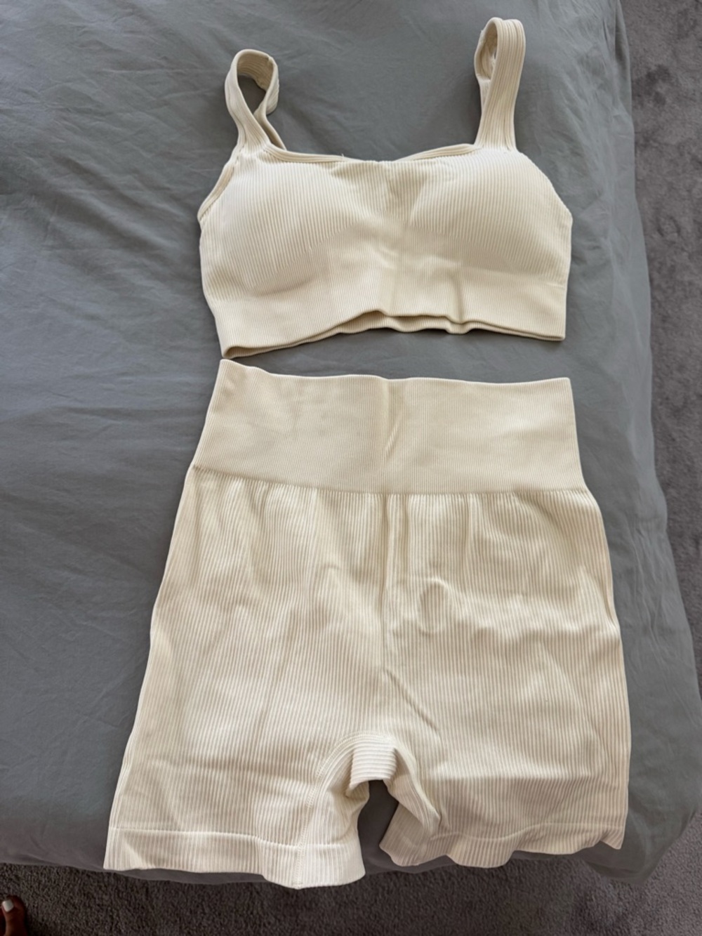 Seamless Ribbed Crop Bralette & High-Waist Shorts Set - Cream
